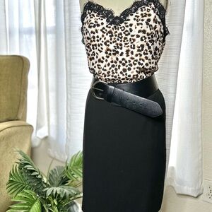 Black Skirt, Leopard Shirt And Black Belt